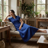 Blue Handspun Cotton Paneled A-Line Midi Dress