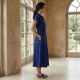 Blue Handspun Cotton Paneled A-Line Midi Dress