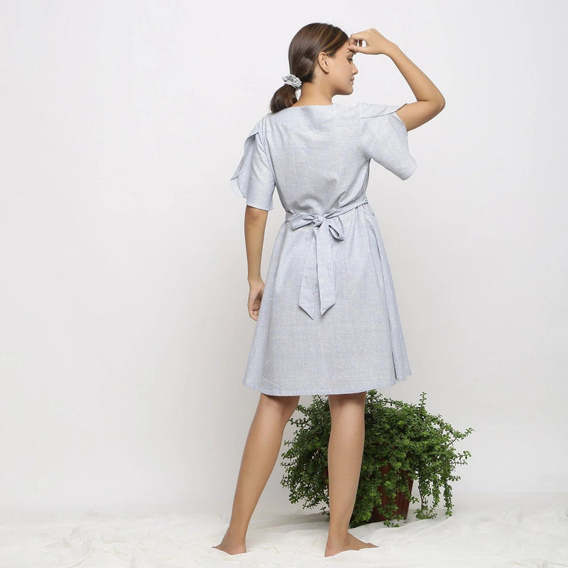 Back View of a Model wearing Blue Handspun Paneled A-Line Dress