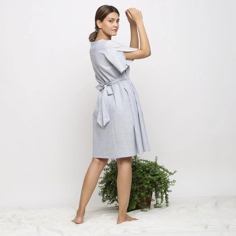 Back View of a Model wearing Blue Handspun Paneled A-Line Dress