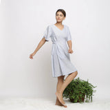 Right View of a Model wearing Blue Handspun Paneled A-Line Dress