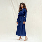 Blue Handspun Cotton Pleated Button-Down Maxi Dress