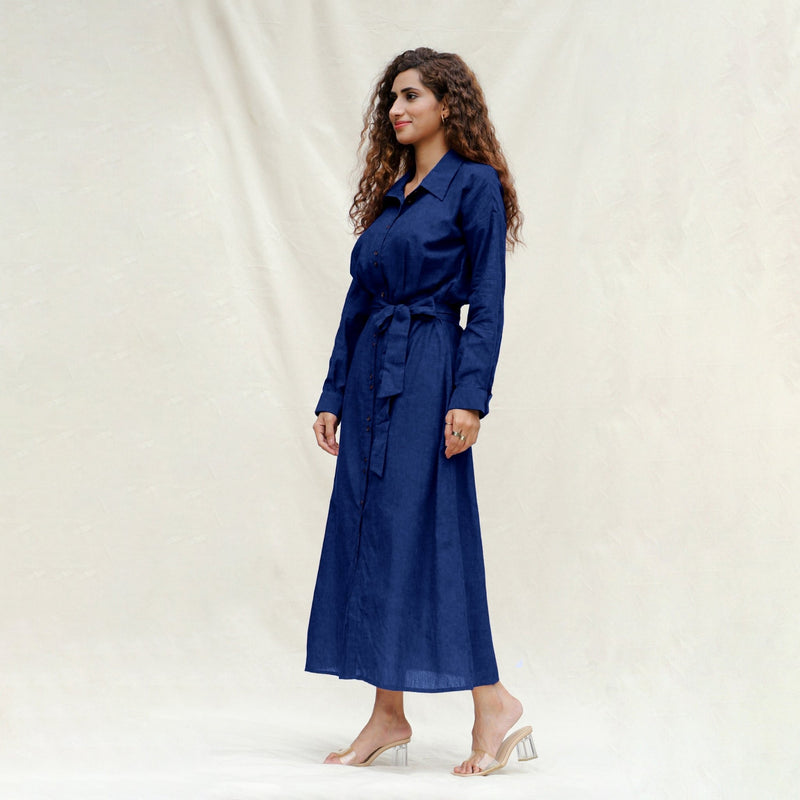 Blue Handspun Cotton Pleated Button-Down Maxi Dress