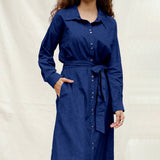 Blue Handspun Cotton Pleated Button-Down Maxi Dress