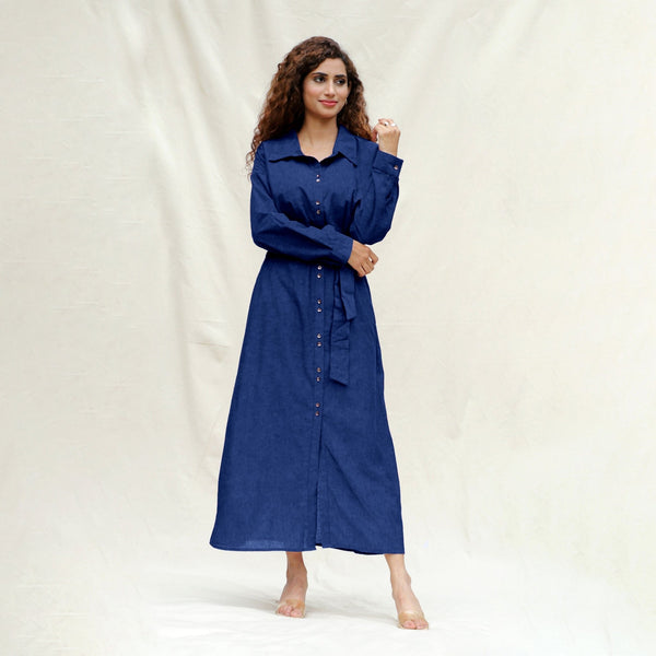 Blue Handspun Cotton Pleated Button-Down Maxi Dress