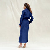 Blue Handspun Cotton Pleated Button-Down Maxi Dress