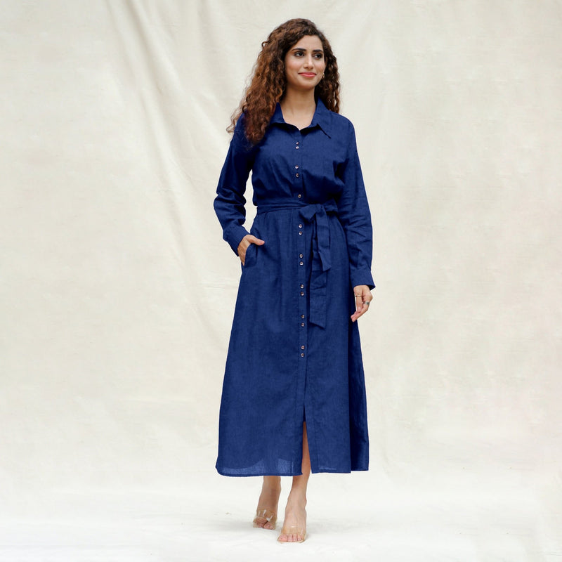 Blue Handspun Cotton Pleated Button-Down Maxi Dress