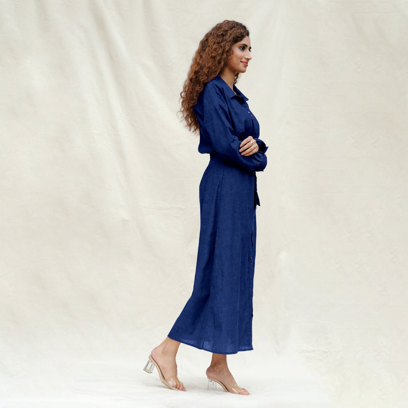 Blue Handspun Cotton Pleated Button-Down Maxi Dress