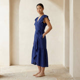 Blue Handspun Cotton Ruffle Midi Wrap Dress