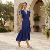 Blue Handspun Cotton Ruffle Midi Wrap Dress