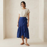Blue Handspun Cotton Ruffle Midi Wrap Skirt