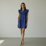Blue Handspun Cotton Ruffled Mini Shirt Dress