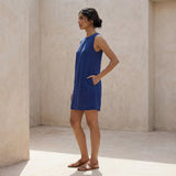 Blue Handspun Cotton Sleeveless A-Line Short Shift Dress