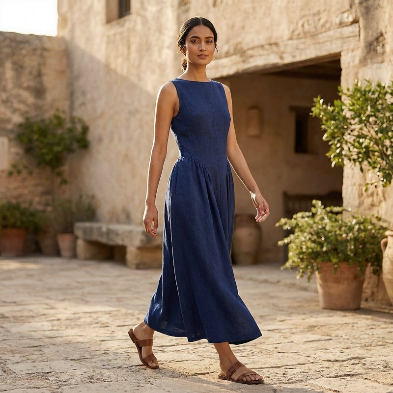 cotton sleeveless maxi dress Blue Handspun Paneled 34