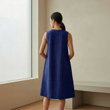 Blue Handspun Cotton Sleeveless Paneled Swing Dress