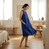Blue Handspun Cotton Sleeveless Paneled Swing Dress