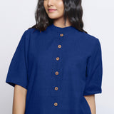 Front Detail of a Model wearing Blue Handspun Cotton Button-Down Top