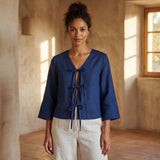 Blue Handspun Cotton Tie-Front Blouse