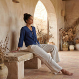 Blue Handspun Cotton Tie-Front Blouse