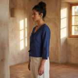 Blue Handspun Cotton Tie-Front Blouse