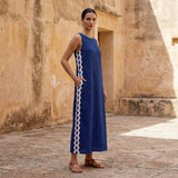 Blue Handspun Cotton Wavy Stripe Maxi Shift Dress