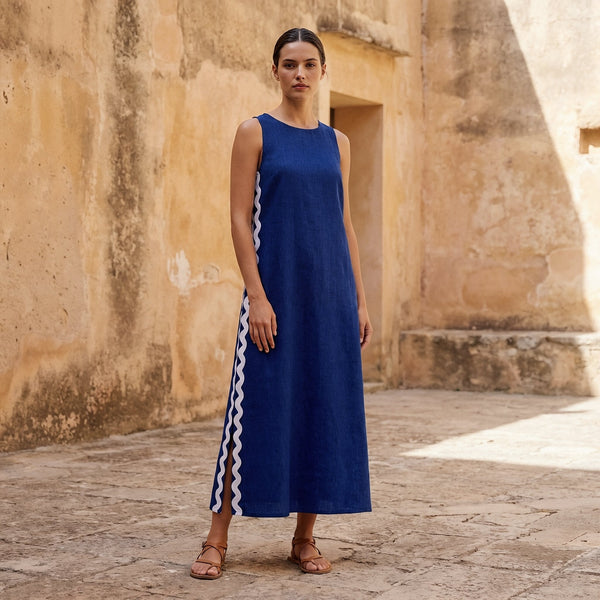 Blue Handspun Cotton Wavy Stripe Maxi Shift Dress 56