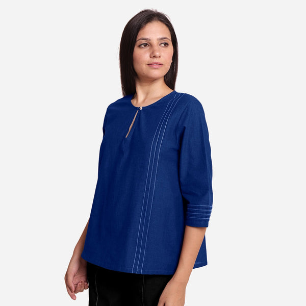 Blue Handspun Yarn-Dyed Cotton Split Neck Top