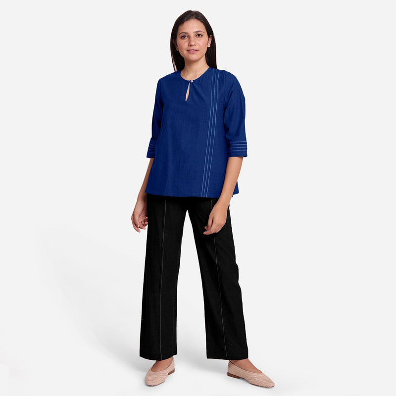 Blue Handspun Yarn-Dyed Cotton Split Neck Top