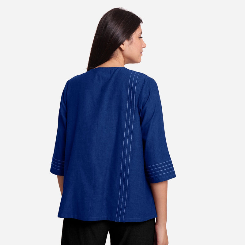 Blue Handspun Yarn-Dyed Cotton Split Neck Top