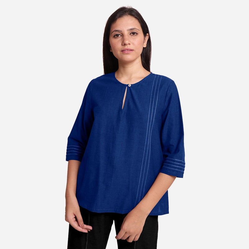 Blue Handspun Yarn-Dyed Cotton Split Neck Top
