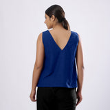 Blue Handspun Yarn-Dyed Cotton V-Neck Top