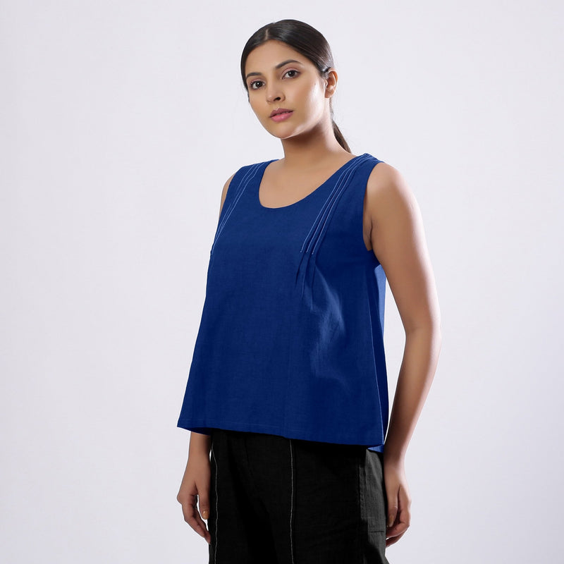 Blue Handspun Yarn-Dyed Cotton V-Neck Top