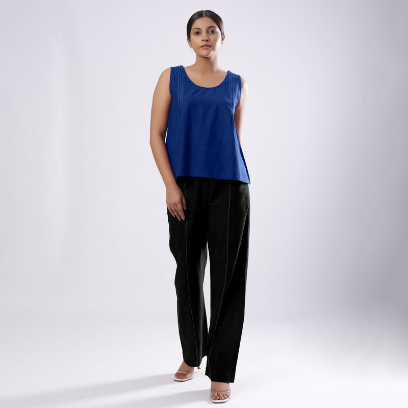 Blue Handspun Yarn-Dyed Cotton V-Neck Top