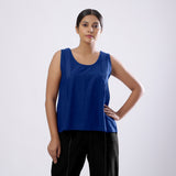 Blue Handspun Yarn-Dyed Cotton V-Neck Top