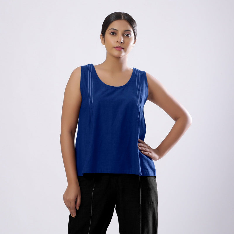 Blue Handspun Yarn-Dyed Cotton V-Neck Top