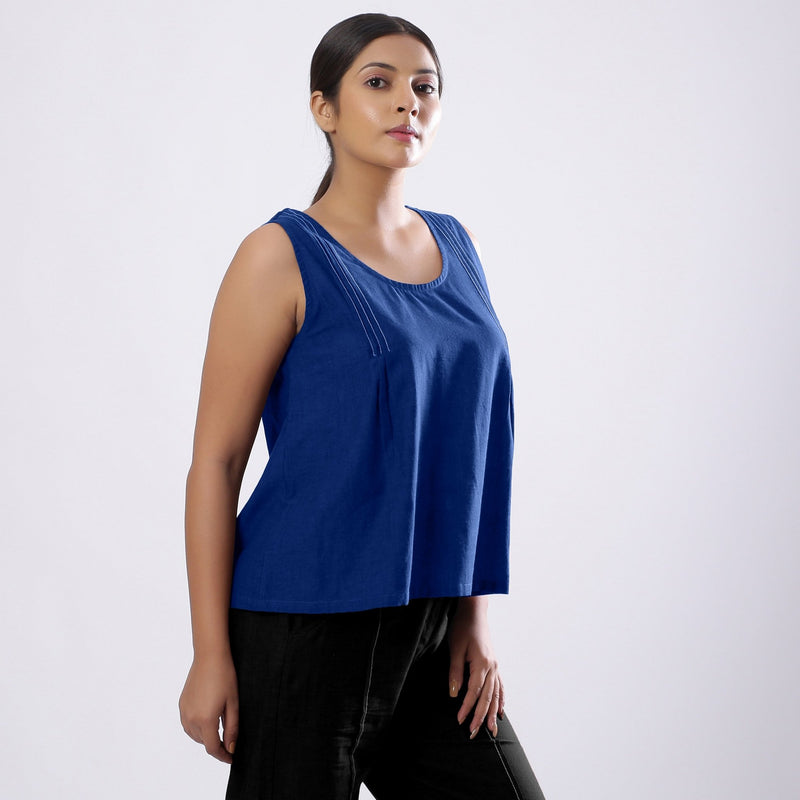 Blue Handspun Yarn-Dyed Cotton V-Neck Top