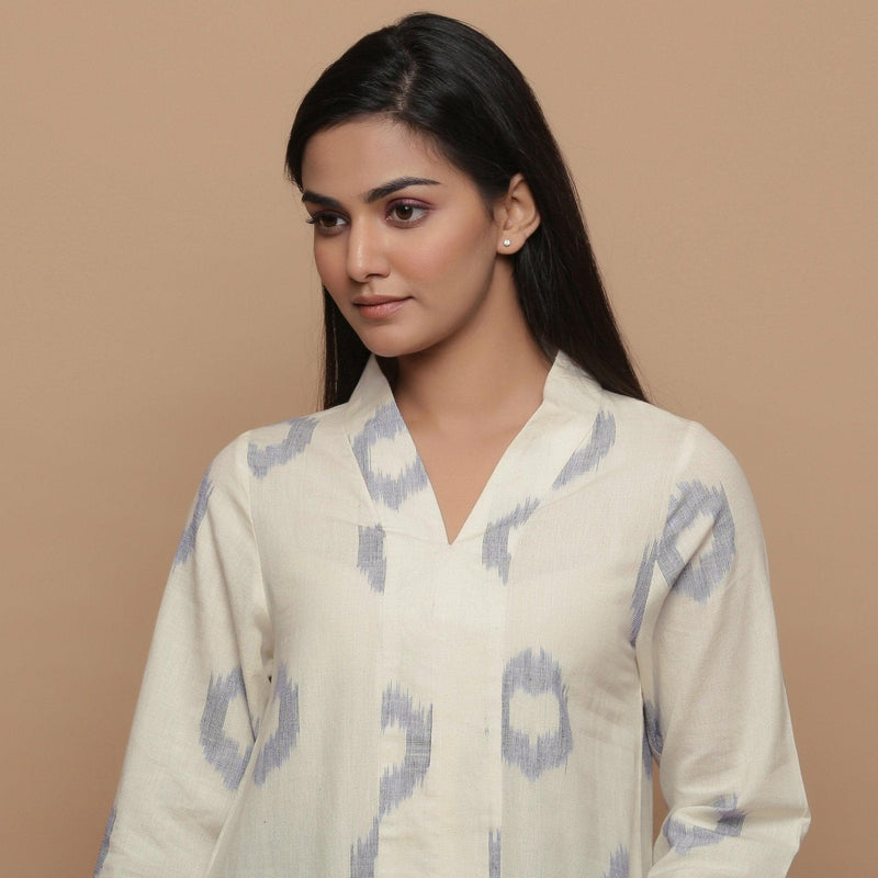 Front View of a Model wearing Powder Blue Handwoven Cotton Top