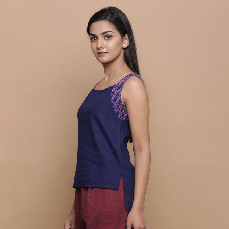 Left View of a Model wearing Blue Ikat Handspun Sleeveless Top