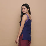 Back View of a Model wearing Blue Ikat Handspun Sleeveless Top