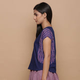 Left View of a Model wearing Blue Ikat Paneled Handspun Straight Top