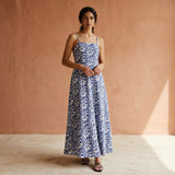 Blue Mughal Floral Block Print Cotton Ankle Length Flared Sundress
