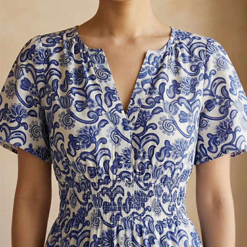Buy Blue Mughal Floral Block Print Cotton Flutter Sleeve Tie-Back Tiered  Midi Dress Online at SeamsFriendly
