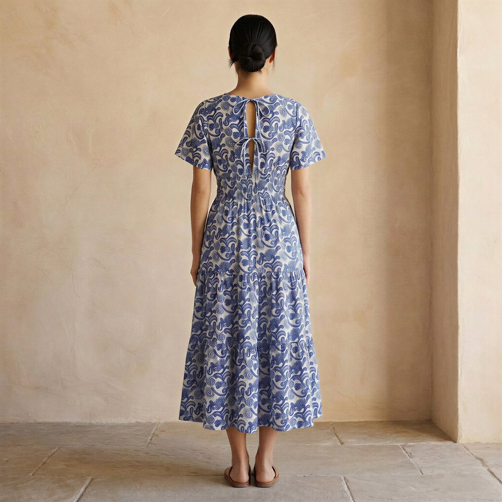 cotton flutter sleeve dress Blue Mughal Floral Block Print Tie-Back Tiered Midi 60