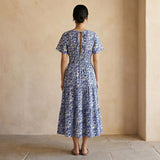Blue Mughal Floral Block Print Cotton Flutter Sleeve Tie-Back Tiered Midi Dress