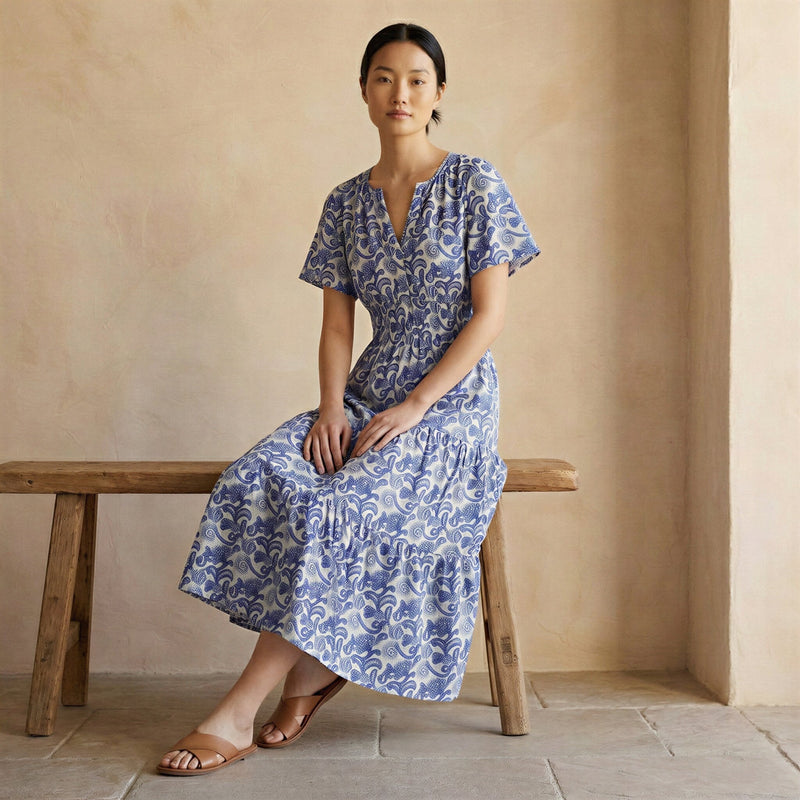 tie back flutter sleeve tiered midi dress Blue Mughal Floral Block Print Cotton Flutter Sleeve Tie-Back Tiered Midi Dress 60