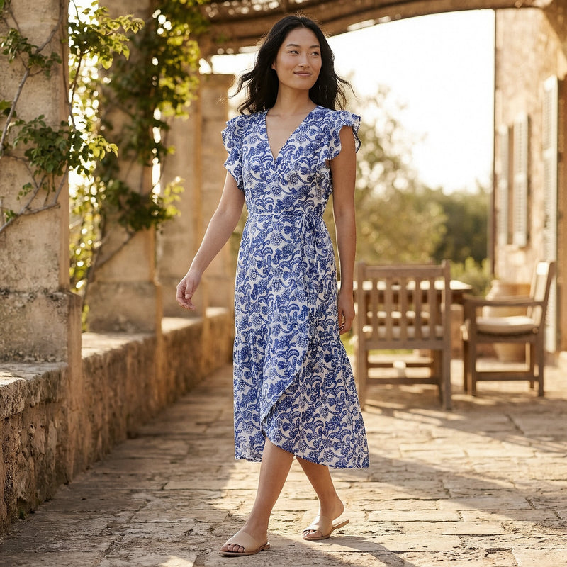 Blue Mughal Floral Block Print Cotton Ruffle Midi Wrap Dress 48