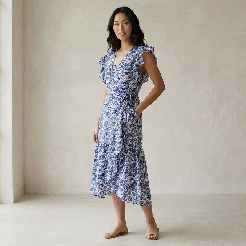 blue and white floral wrap dress Mughal Block Print Cotton Ruffle Midi 48