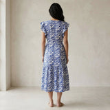 Blue Mughal Floral Block Print Cotton Ruffle Midi Wrap Dress