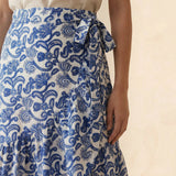 Blue Mughal Floral Block Print Cotton Ruffle Midi Wrap Skirt