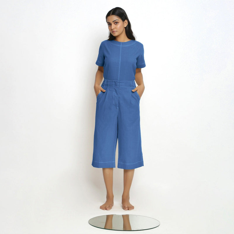 Front Detail of a Model wearing Blue Paneled Top and Mid-Rise Culottes Set